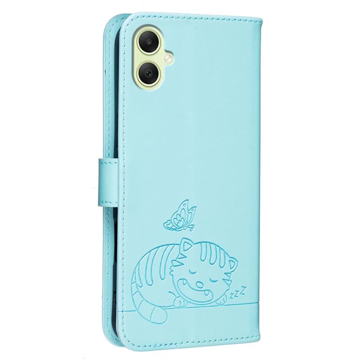 For Galaxy A05 Cat Butterfly Embossed RFID Vegan Leather Phone Case with Strap