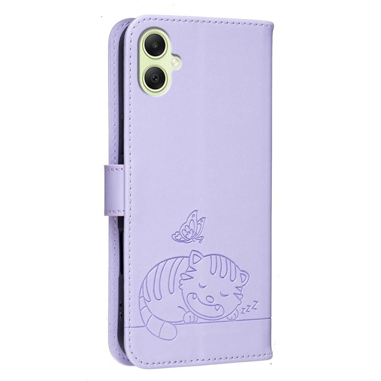 For Galaxy A05 Cat Butterfly Embossed RFID Vegan Leather Phone Case with Strap