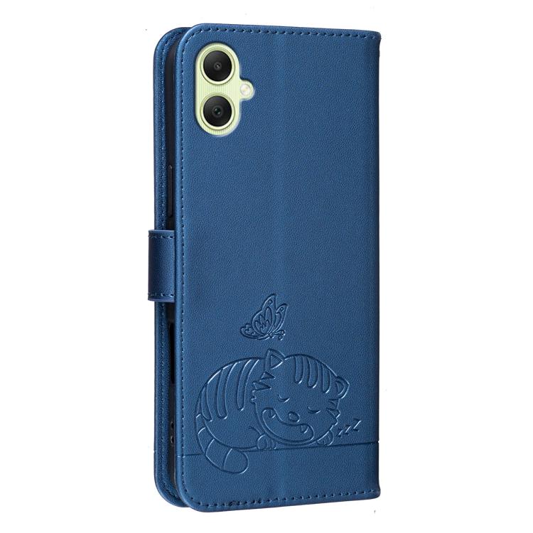 For Galaxy A05 Cat Butterfly Embossed RFID Vegan Leather Phone Case with Strap