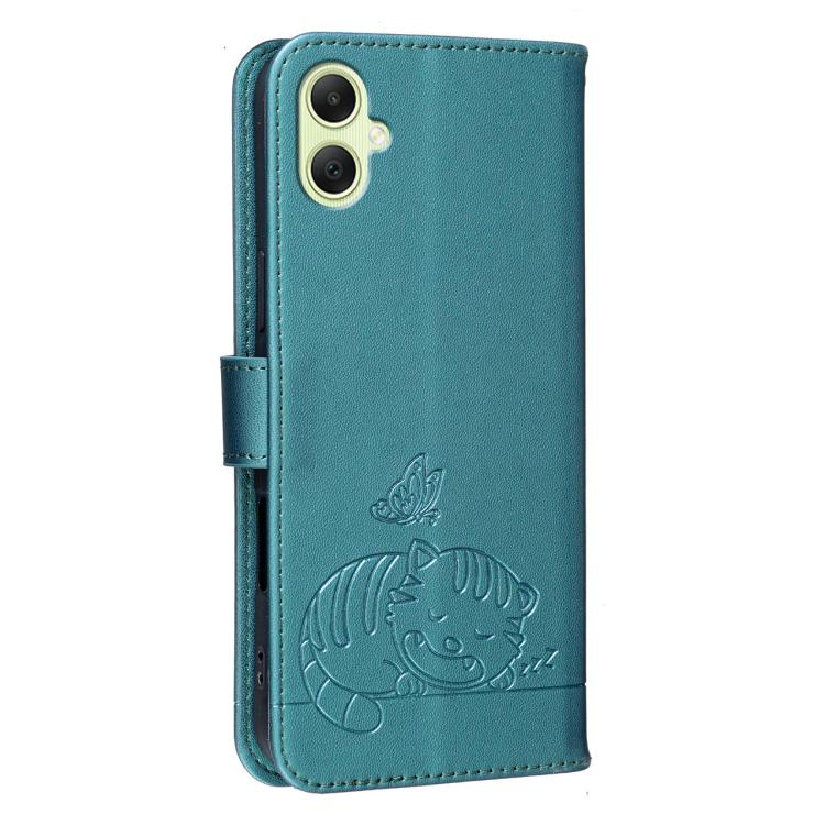 For Galaxy A05 Cat Butterfly Embossed RFID Vegan Leather Phone Case with Strap