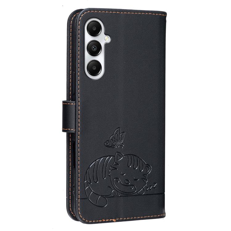 For Galaxy A05s Cat Butterfly Embossed RFID Vegan Leather Phone Case with Strap
