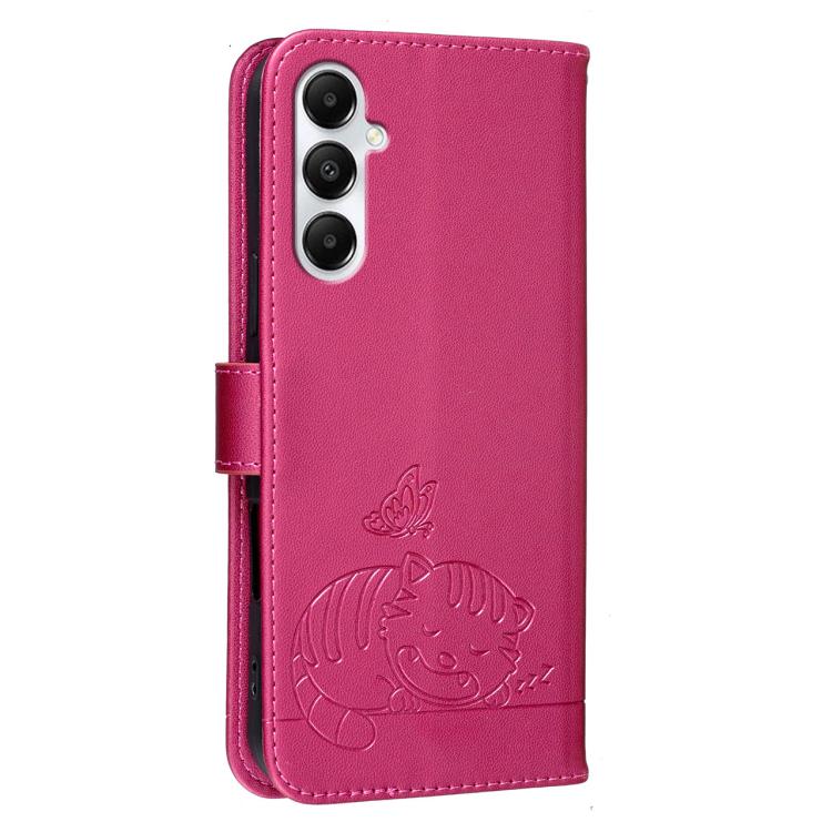 For Galaxy A05s Cat Butterfly Embossed RFID Vegan Leather Phone Case with Strap