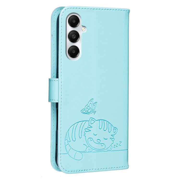 For Galaxy A05s Cat Butterfly Embossed RFID Vegan Leather Phone Case with Strap