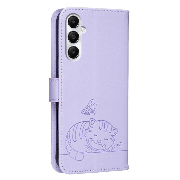 For Galaxy A05s Cat Butterfly Embossed RFID Vegan Leather Phone Case with Strap