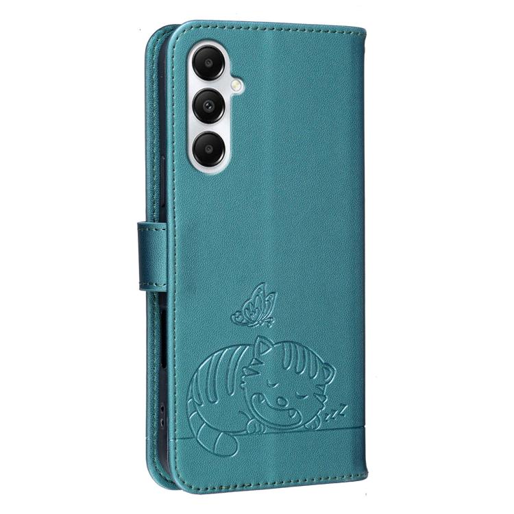For Galaxy A05s Cat Butterfly Embossed RFID Vegan Leather Phone Case with Strap