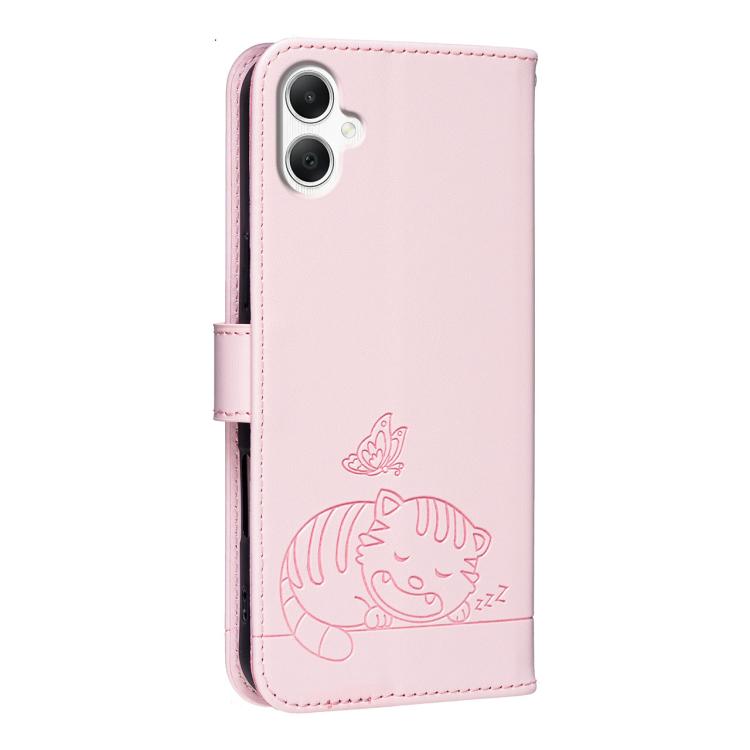For Galaxy A06 5G / 4G Cat Butterfly Embossed RFID Vegan Leather Phone Case with Strap