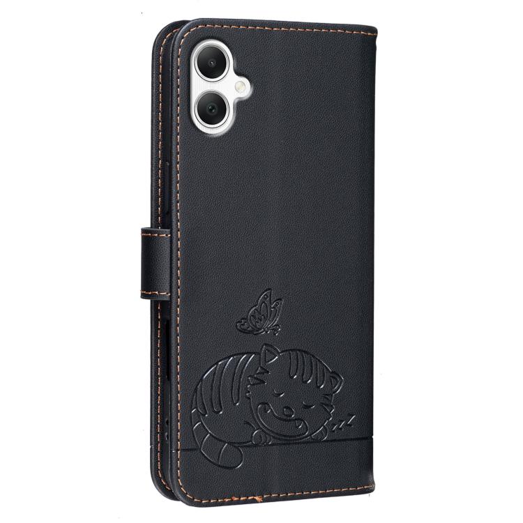 For Galaxy A06 5G / 4G Cat Butterfly Embossed RFID Vegan Leather Phone Case with Strap