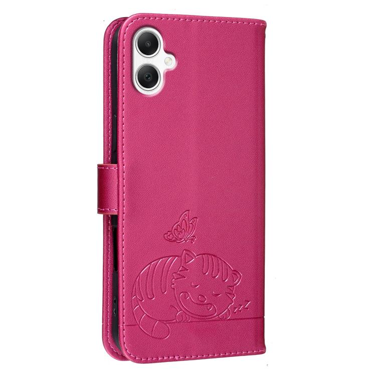 For Galaxy A06 5G / 4G Cat Butterfly Embossed RFID Vegan Leather Phone Case with Strap