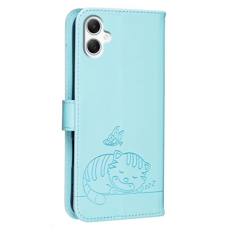 For Galaxy A06 5G / 4G Cat Butterfly Embossed RFID Vegan Leather Phone Case with Strap