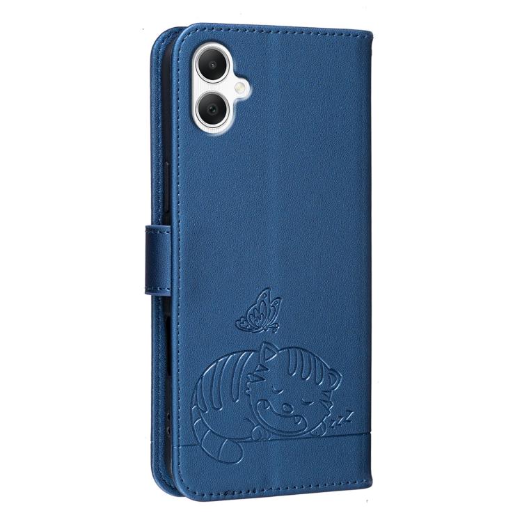 For Galaxy A06 5G / 4G Cat Butterfly Embossed RFID Vegan Leather Phone Case with Strap
