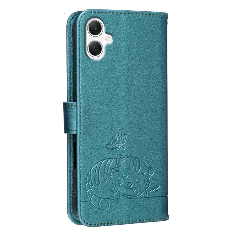 For Galaxy A06 5G / 4G Cat Butterfly Embossed RFID Vegan Leather Phone Case with Strap