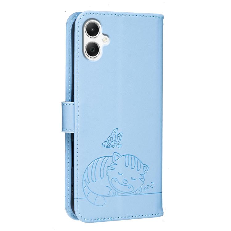 For Galaxy A07 5G / 4G Cat Butterfly Embossed RFID Vegan Leather Phone Case with Strap