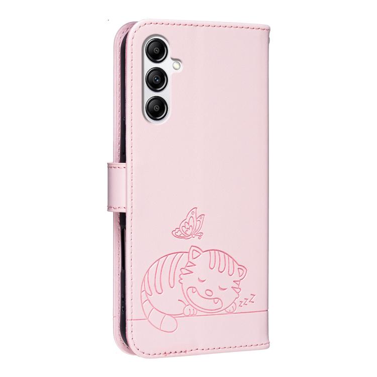 For Galaxy A14 5G Cat Butterfly Embossed RFID Vegan Leather Phone Case with Strap