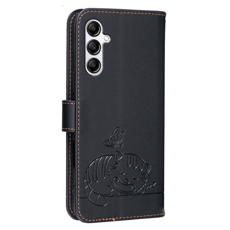 For Galaxy A14 5G Cat Butterfly Embossed RFID Vegan Leather Phone Case with Strap
