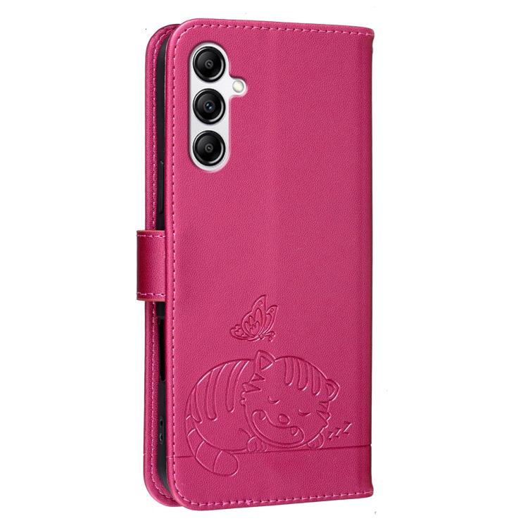 For Galaxy A14 5G Cat Butterfly Embossed RFID Vegan Leather Phone Case with Strap
