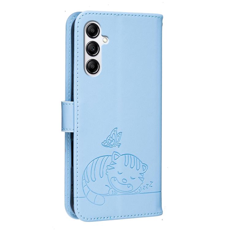 For Galaxy A14 5G Cat Butterfly Embossed RFID Vegan Leather Phone Case with Strap