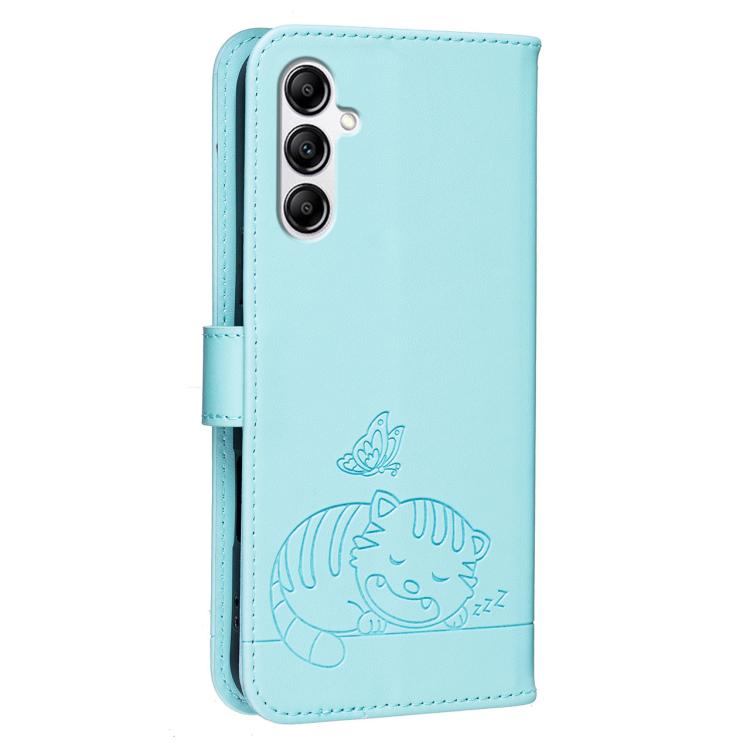 For Galaxy A14 5G Cat Butterfly Embossed RFID Vegan Leather Phone Case with Strap
