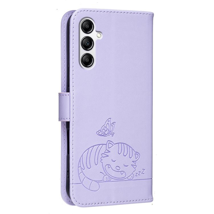 For Galaxy A14 5G Cat Butterfly Embossed RFID Vegan Leather Phone Case with Strap