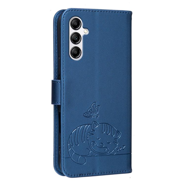 For Galaxy A14 5G Cat Butterfly Embossed RFID Vegan Leather Phone Case with Strap