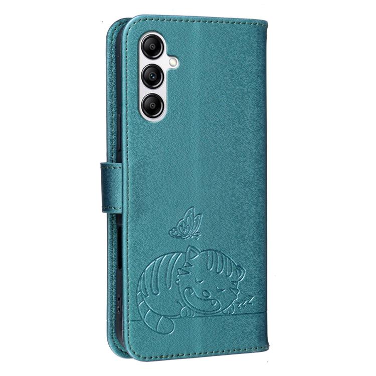 For Galaxy A14 5G Cat Butterfly Embossed RFID Vegan Leather Phone Case with Strap