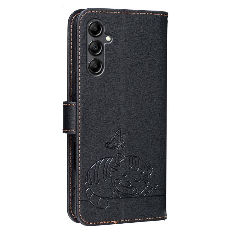 For Galaxy A15 5G Cat Butterfly Embossed RFID Vegan Leather Phone Case with Strap