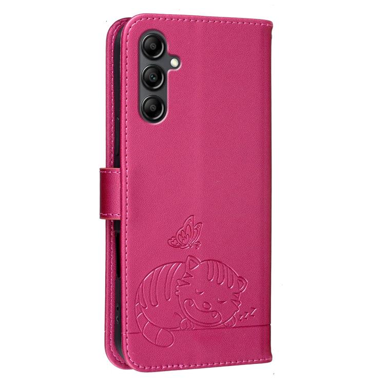 For Galaxy A15 5G Cat Butterfly Embossed RFID Vegan Leather Phone Case with Strap