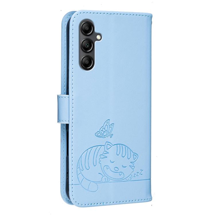 For Galaxy A15 5G Cat Butterfly Embossed RFID Vegan Leather Phone Case with Strap