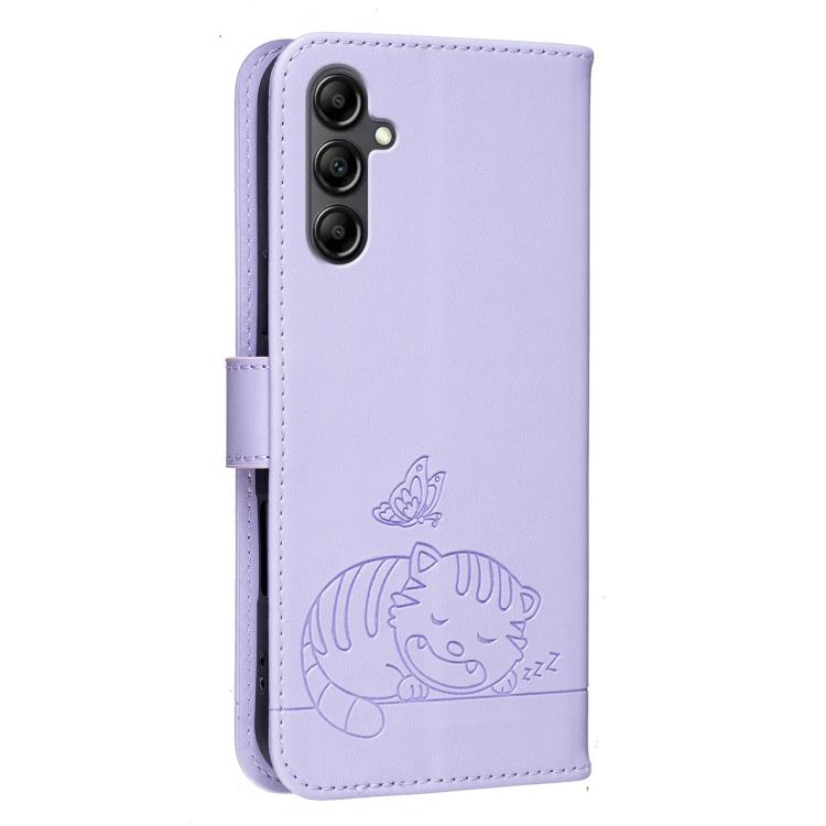 For Galaxy A15 5G Cat Butterfly Embossed RFID Vegan Leather Phone Case with Strap