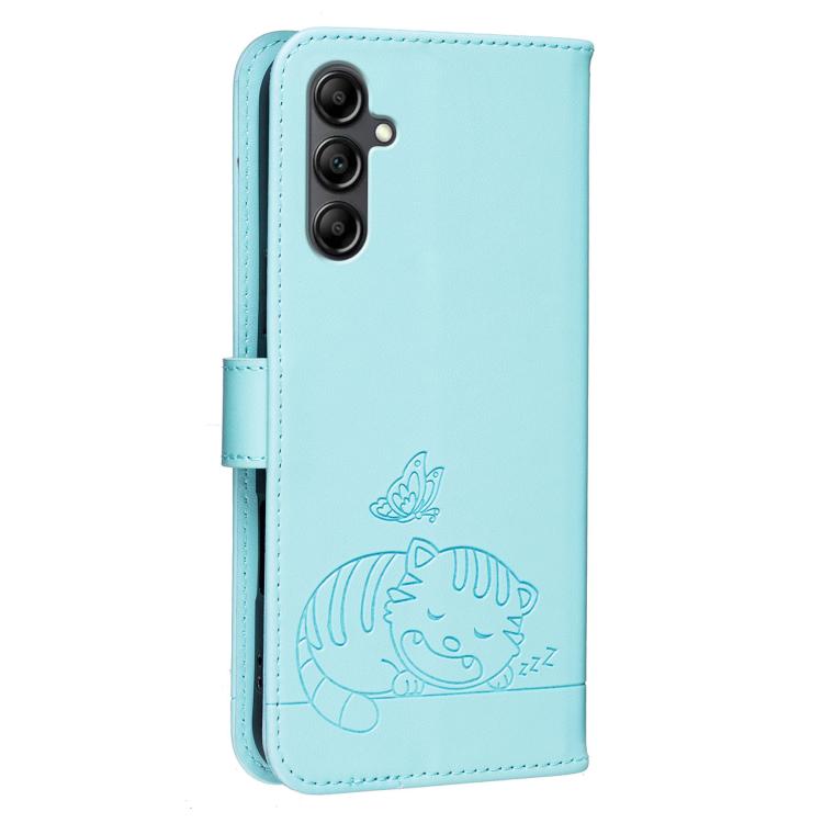 For Galaxy A15 5G Cat Butterfly Embossed RFID Vegan Leather Phone Case with Strap