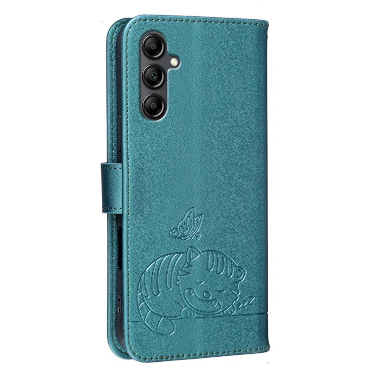 For Galaxy A15 5G Cat Butterfly Embossed RFID Vegan Leather Phone Case with Strap