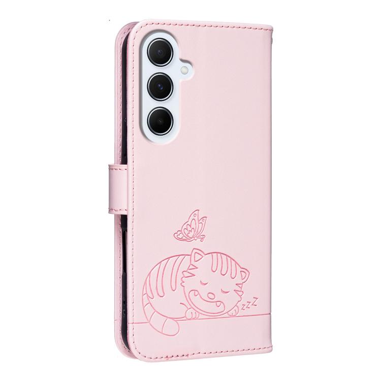 For Galaxy A16 5G / 4G Cat Butterfly Embossed RFID Vegan Leather Phone Case with Strap