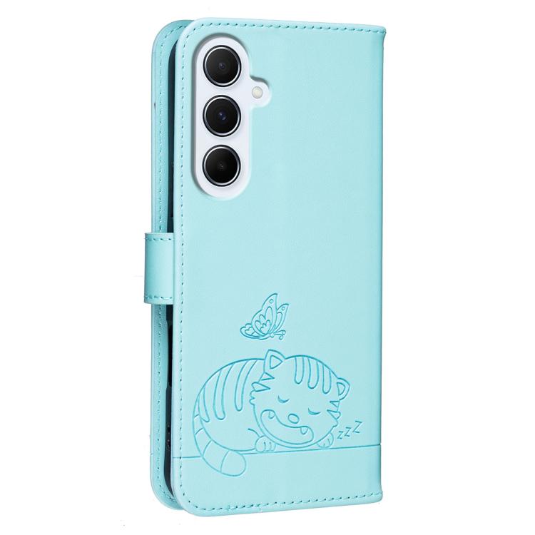 For Galaxy A16 5G / 4G Cat Butterfly Embossed RFID Vegan Leather Phone Case with Strap