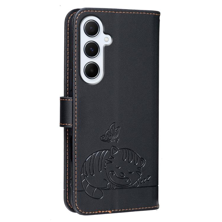 For Galaxy A17 5G Cat Butterfly Embossed RFID Vegan Leather Phone Case with Strap