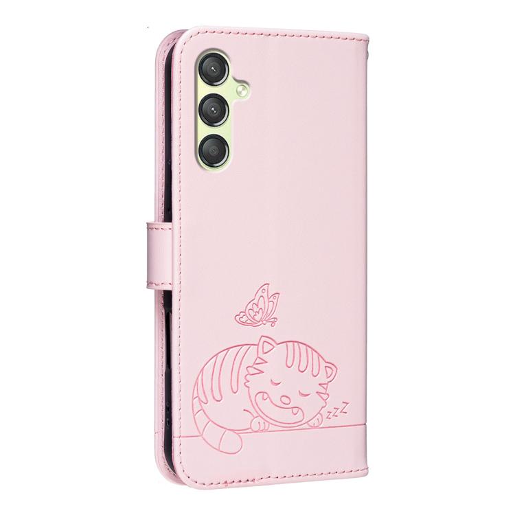 For Galaxy A24 4G Cat Butterfly Embossed RFID Vegan Leather Phone Case with Strap