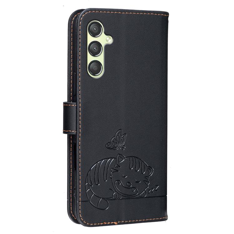 For Galaxy A24 4G Cat Butterfly Embossed RFID Vegan Leather Phone Case with Strap