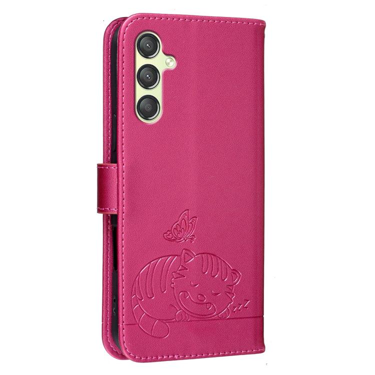 For Galaxy A24 4G Cat Butterfly Embossed RFID Vegan Leather Phone Case with Strap