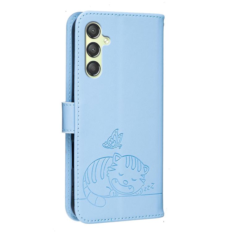 For Galaxy A24 4G Cat Butterfly Embossed RFID Vegan Leather Phone Case with Strap
