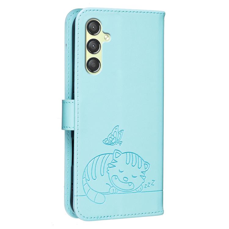 For Galaxy A24 4G Cat Butterfly Embossed RFID Vegan Leather Phone Case with Strap