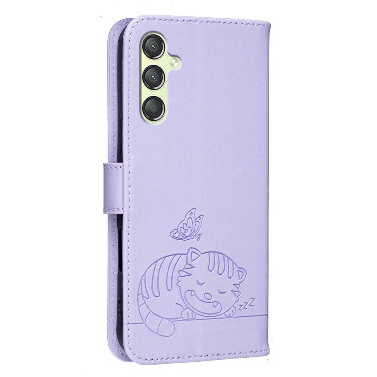 For Galaxy A24 4G Cat Butterfly Embossed RFID Vegan Leather Phone Case with Strap