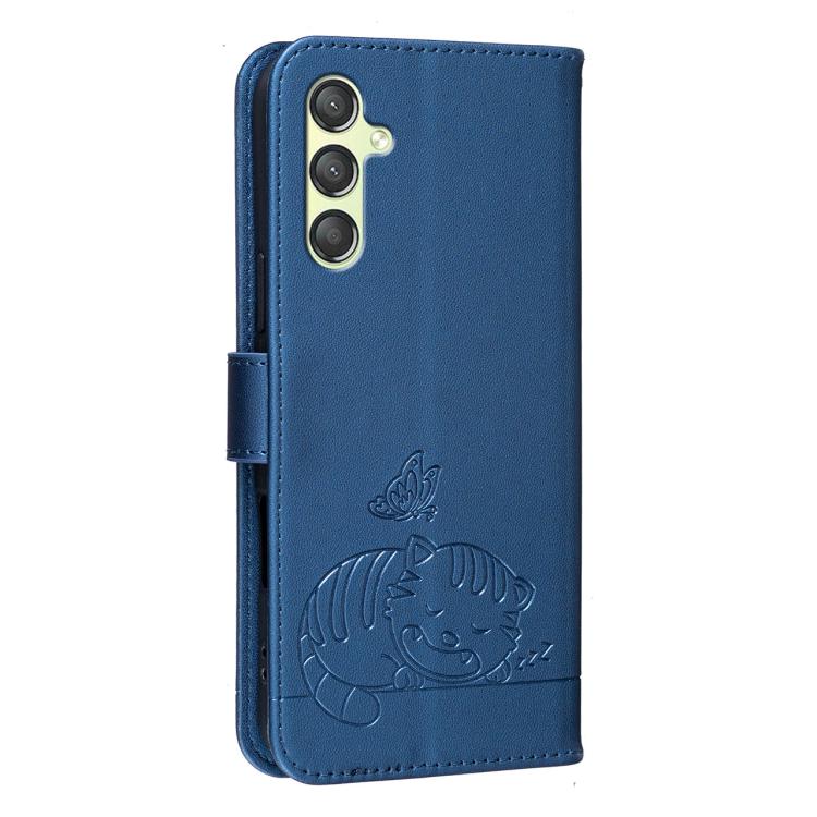 For Galaxy A24 4G Cat Butterfly Embossed RFID Vegan Leather Phone Case with Strap