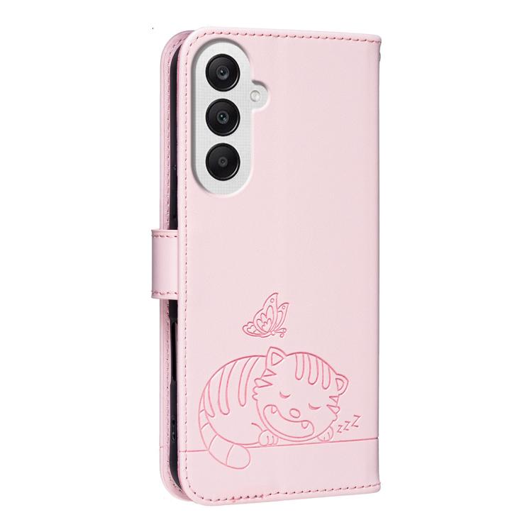 For Galaxy A25 5G Cat Butterfly Embossed RFID Vegan Leather Phone Case with Strap