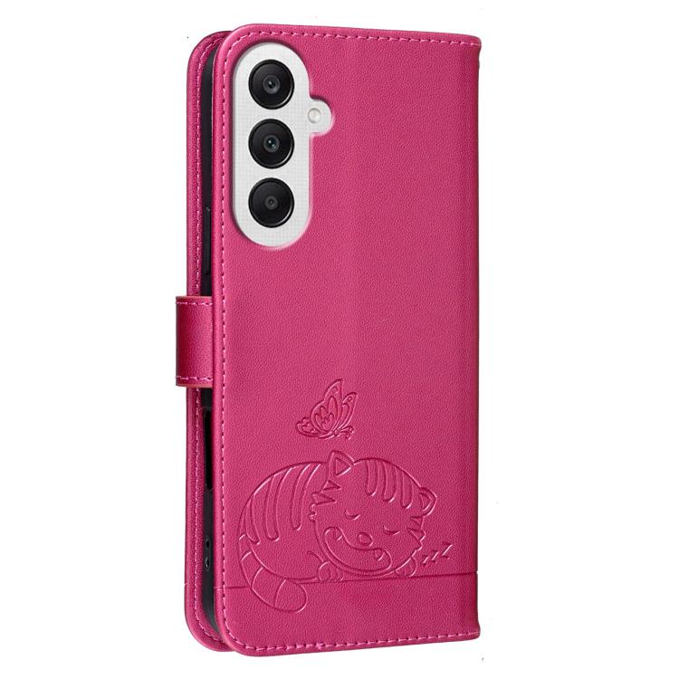 For Galaxy A25 5G Cat Butterfly Embossed RFID Vegan Leather Phone Case with Strap
