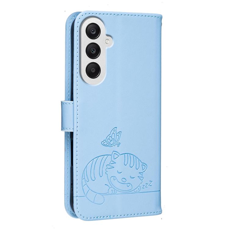 For Galaxy A25 5G Cat Butterfly Embossed RFID Vegan Leather Phone Case with Strap