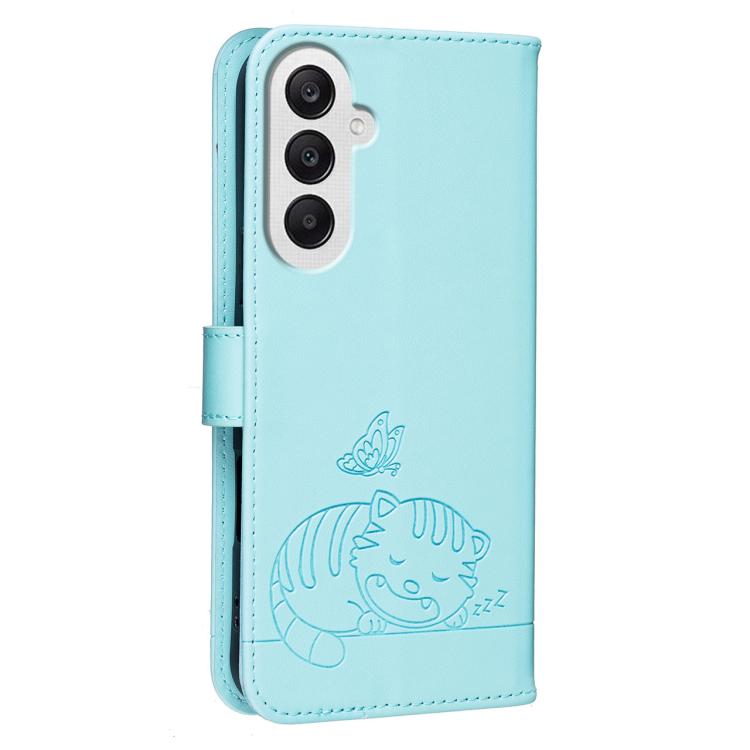 For Galaxy A25 5G Cat Butterfly Embossed RFID Vegan Leather Phone Case with Strap