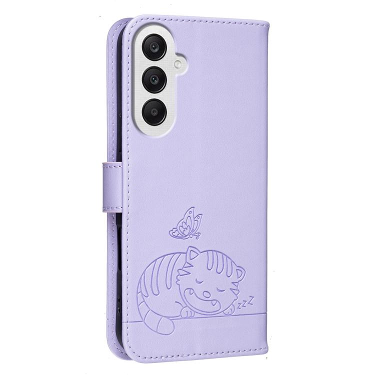 For Galaxy A25 5G Cat Butterfly Embossed RFID Vegan Leather Phone Case with Strap