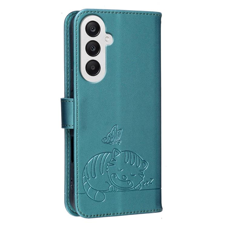 For Galaxy A25 5G Cat Butterfly Embossed RFID Vegan Leather Phone Case with Strap