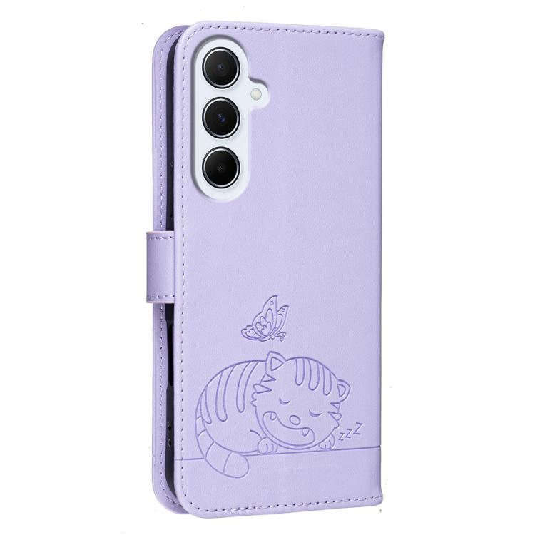 For Galaxy A26 5G Cat Butterfly Embossed RFID Vegan Leather Phone Case with Strap