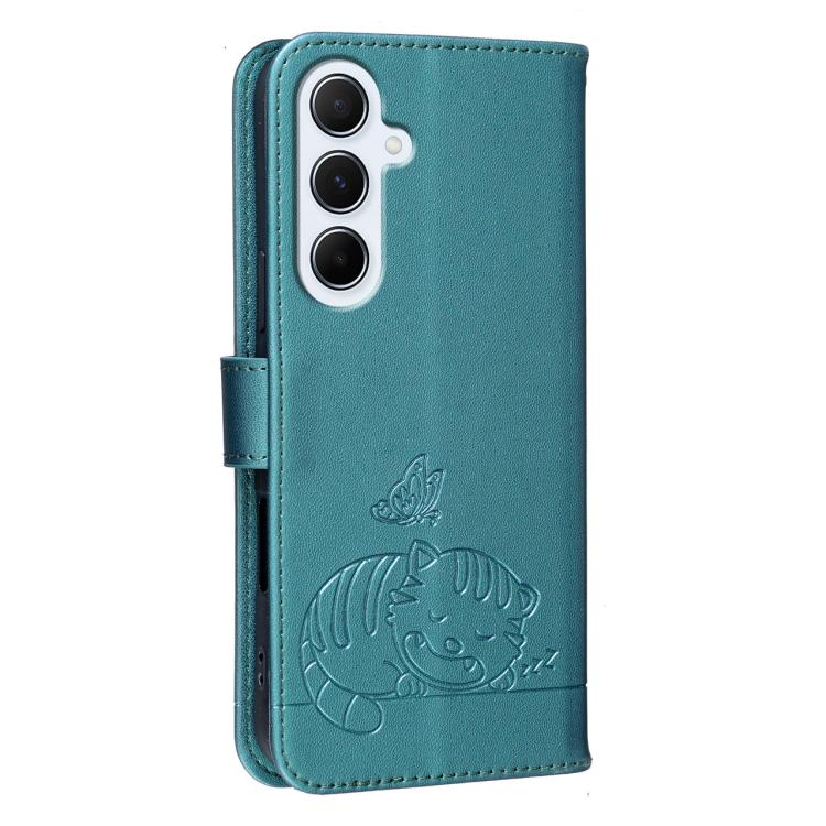 For Galaxy A26 5G Cat Butterfly Embossed RFID Vegan Leather Phone Case with Strap