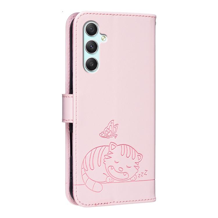 For Galaxy A34 5G Cat Butterfly Embossed RFID Vegan Leather Phone Case with Strap