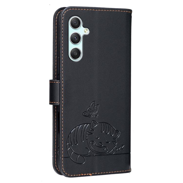 For Galaxy A34 5G Cat Butterfly Embossed RFID Vegan Leather Phone Case with Strap